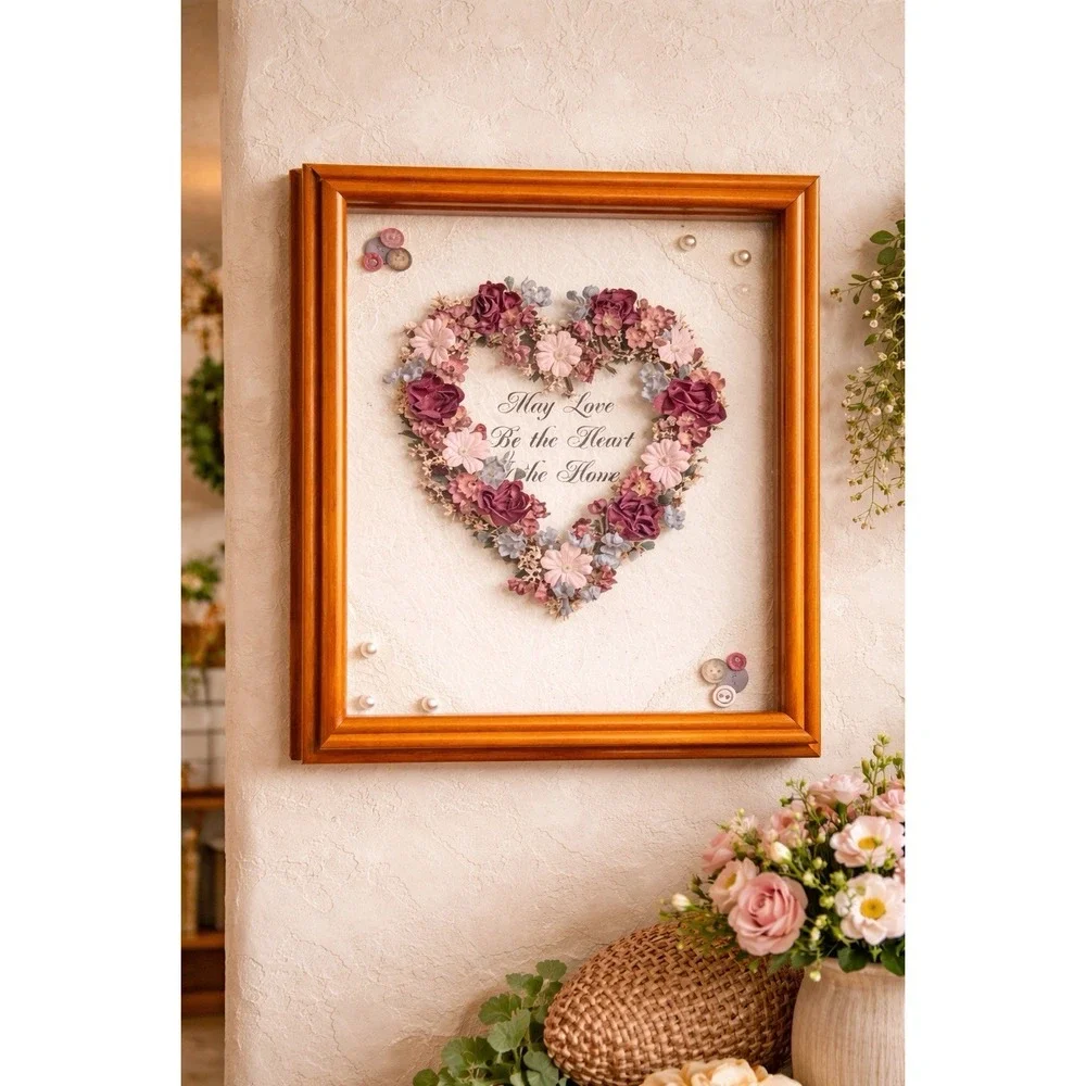 Vintage Floral Heart Dried Flowers Shadow Box Hanging Wall Decor, Love 8x10